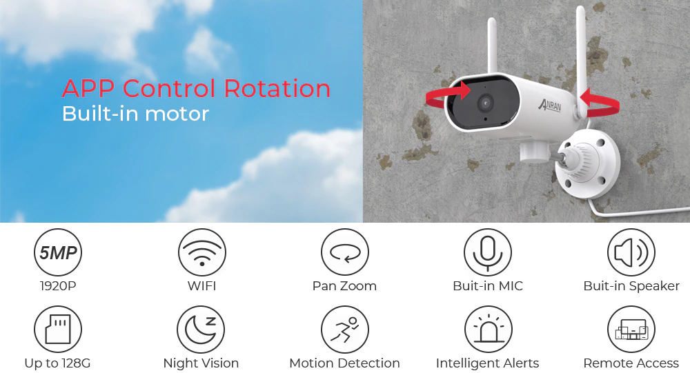 Поворотна 5MP WIFI IP камера ANRAN AR-B04 ультрависокої роздільної здатності 1920P (Ultra HD)