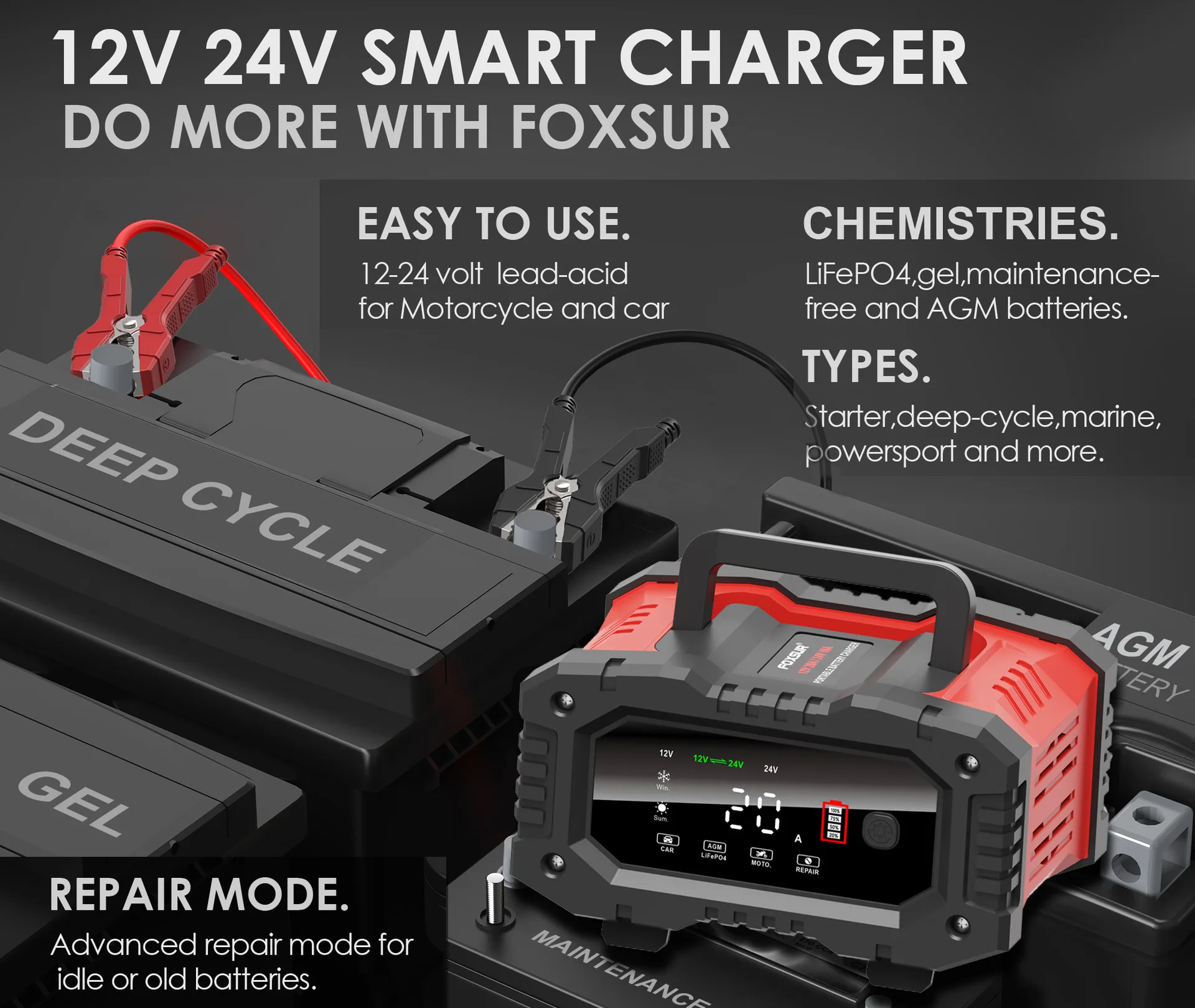 Мощное 7-этапное зарядное устройство аккумуляторов Foxsur FPT-200